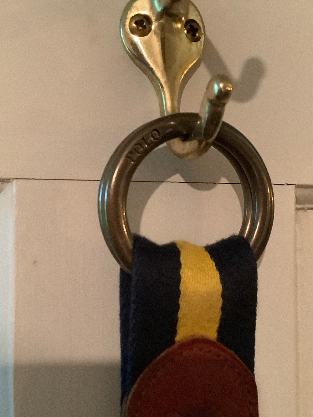 Vintage Polo by Ralph Lauren Navy and Yellow Striped Canvas Belt w Leather Tab - Picture 5 of 6